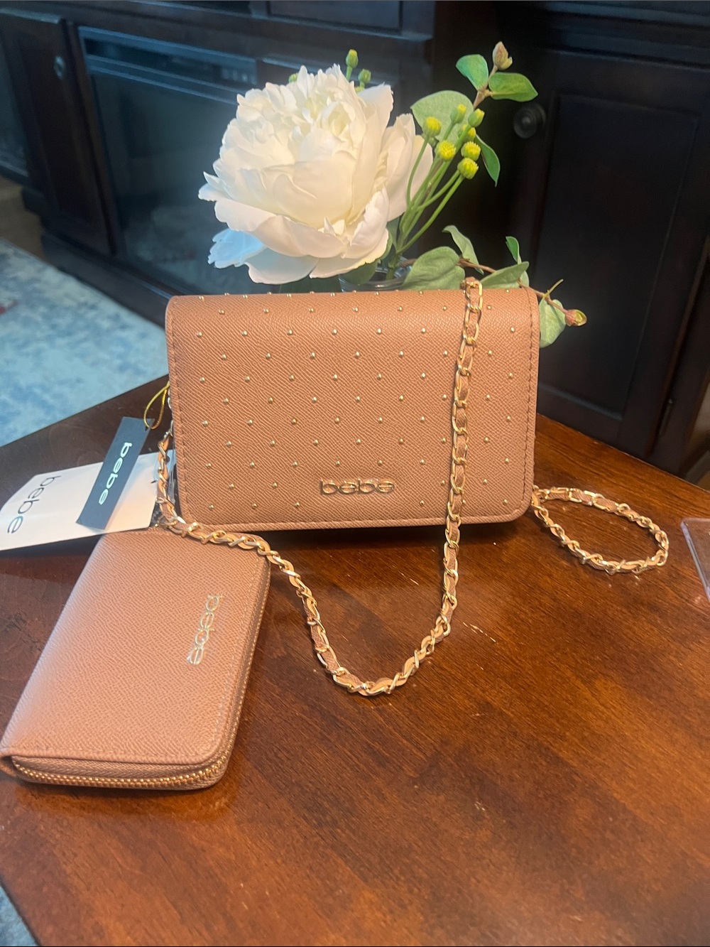 Bebe Pebbled Studded Crossbody Bag in Pretty Taupe